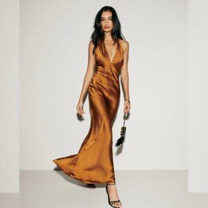 Daniela Silk Dress in Copper Golden Brown Sleeveless Maxi Halter
